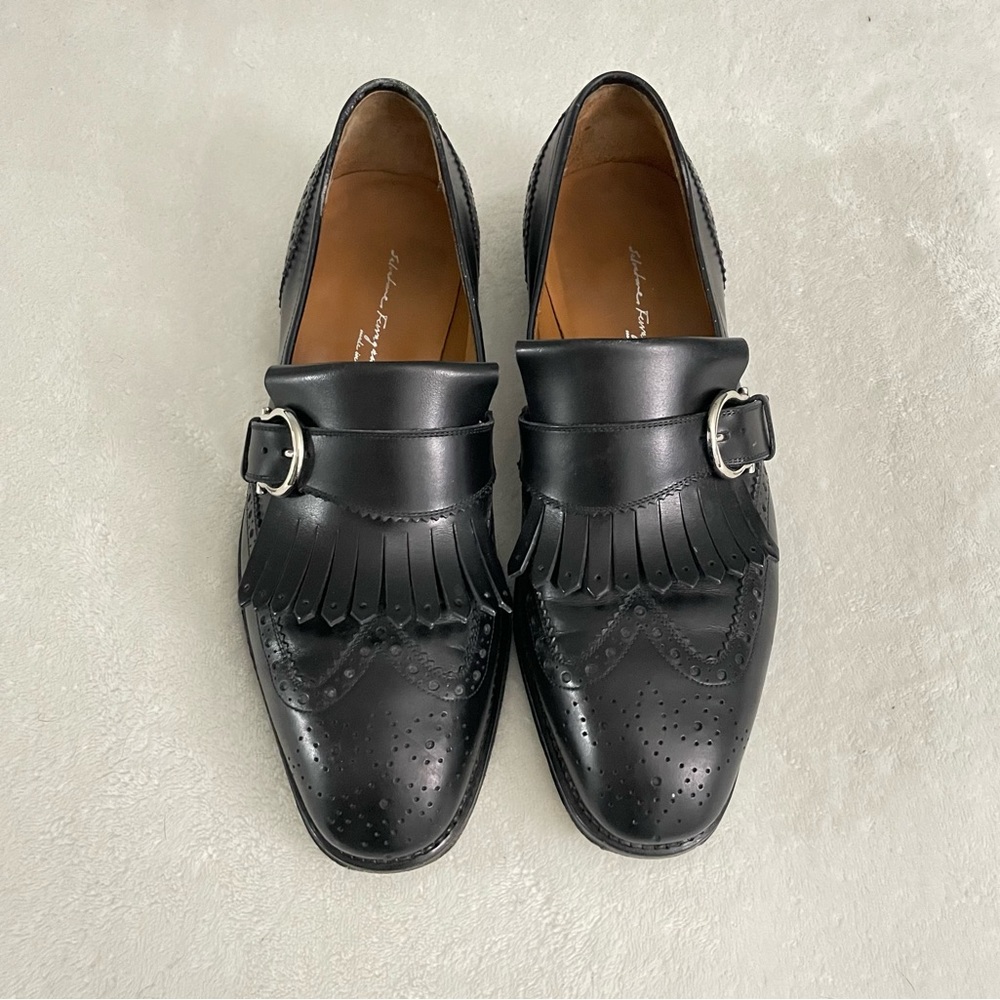 Salvatore Ferragamo Black Leather Eyelet Trim Loafers